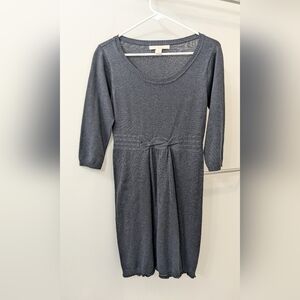 Women’s Gray Sweater Dress Small 3/4 Sleeve Twist Knot Waist Knit Knee Length